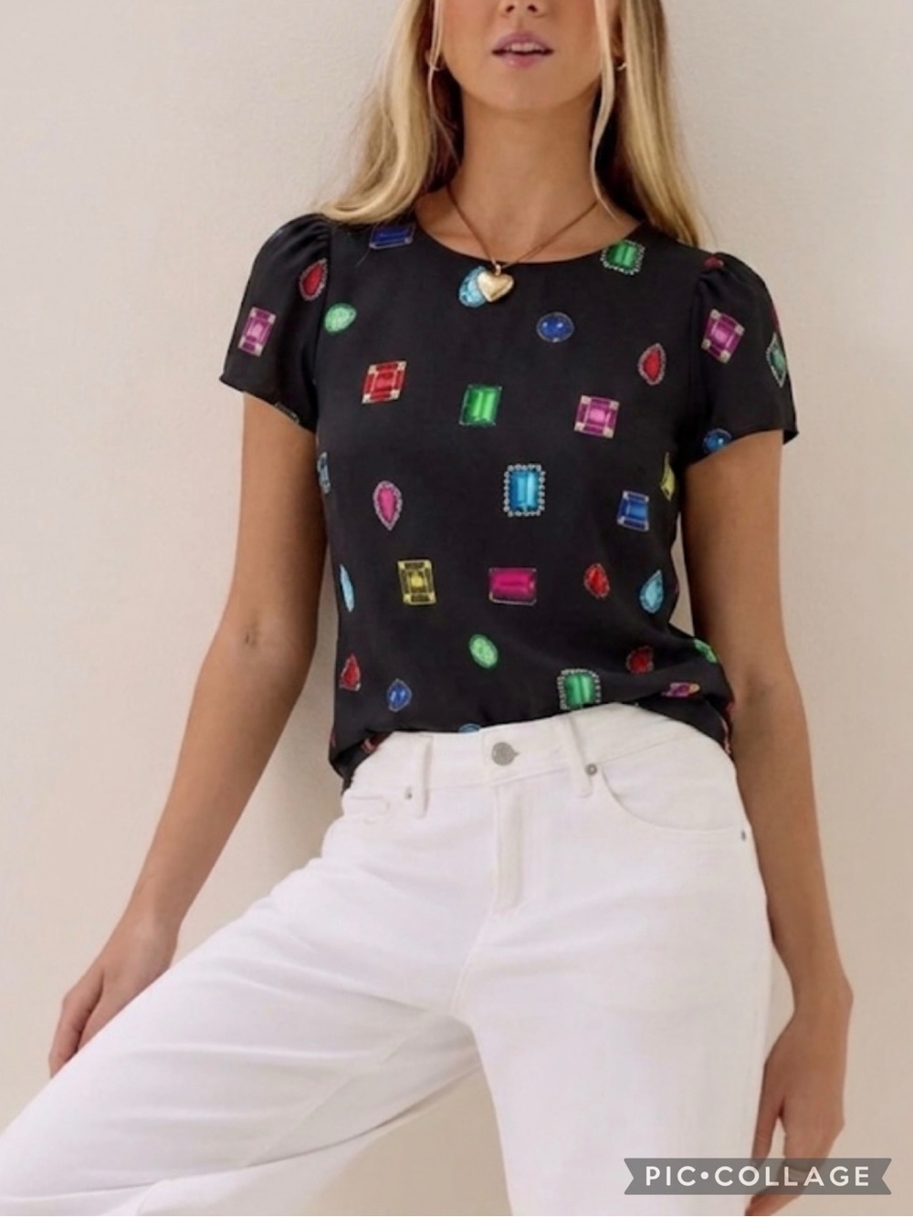 Cece by Cynthia Steffe Black Jewel Stone Graphic Short Sleeve Top XS Party